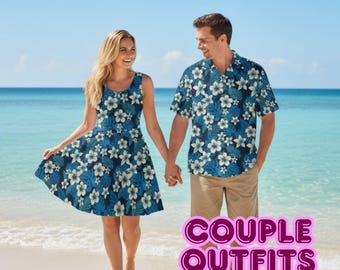 Conjuntos de hibisco azul marino a juego / Vestido sin mangas para mujer y camisa hawaiana para hombre / Elegante conjunto de resort para pareja