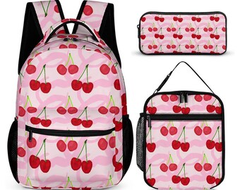Cherry Print 3-Piece Bag Set – Backpack, Lunch Bag & Pencil Case | Pink | Cute Travel or Daily Use Tote Set