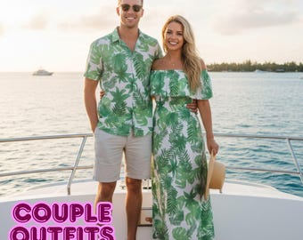 Tropical Leaf Couple Outfit – Matching Off-Shoulder Maxi Dress & Hawaiian Shirt | Green Leaf Resort Vacation Set