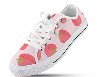 Strawberry Love Low Top Women’s Canvas Shoes – Cute Pink Fruit Print Sneakers for Everyday Wear – Gift for Strawberry Lovers