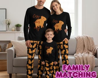 Pigiama coordinato per la famiglia Capybara - Pigiama a maniche lunghe per uomo, donna e bambino / Nero e arancione / Pigiama coordinato comodo