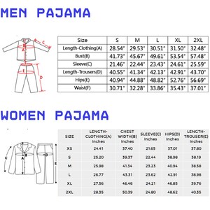 Puede incluir: Una imagen que muestra tablas de tallas para pijamas de hombre y mujer. La tabla de hombre incluye medidas de largo, busto, manga, pantal&oacute;n, caderas y cintura en pulgadas. La tabla de mujer tambi&eacute;n proporciona medidas en pulgadas.