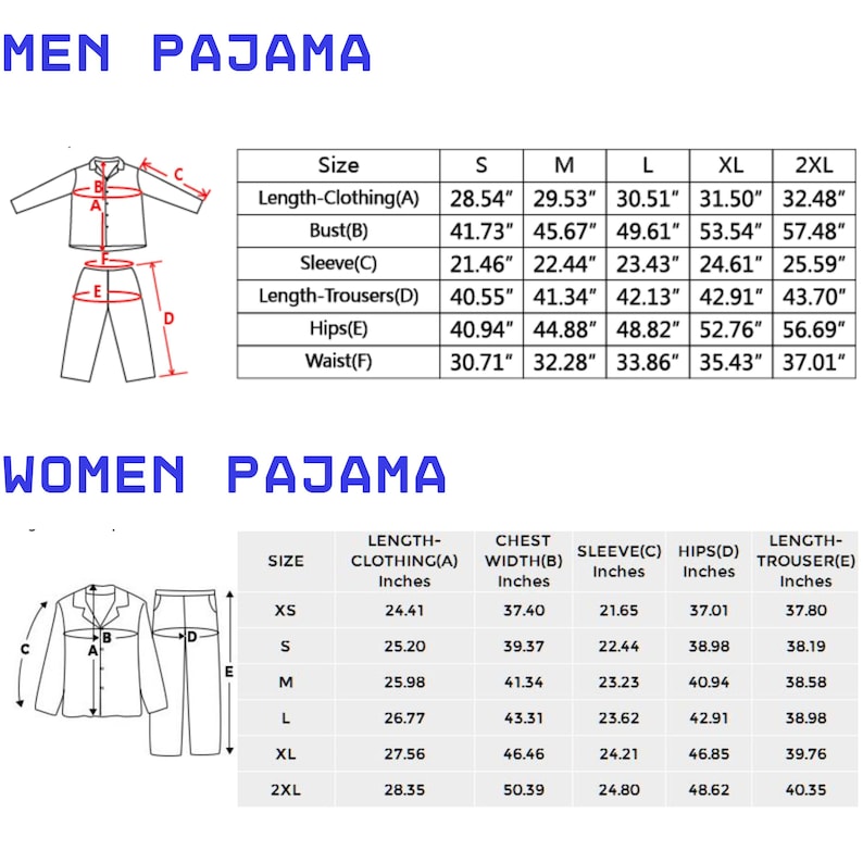 Puede incluir: Una imagen que muestra tablas de tallas para pijamas de hombre y mujer. La tabla de hombre incluye medidas de largo, busto, manga, pantal&oacute;n, caderas y cintura en pulgadas. La tabla de mujer tambi&eacute;n proporciona medidas en pulgadas.