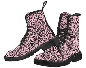 Pink Leopard Print Women&#39;s Lace Up Canvas Boots | Winter Fashion Boots | Trendy Animal Print Shoes | Unique Gift for Her