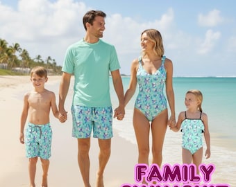 Sky Blue Floral Matching Swimwear Set – Family or Couple Outfits | Plus Sizes | Optional Rash Guard for Men