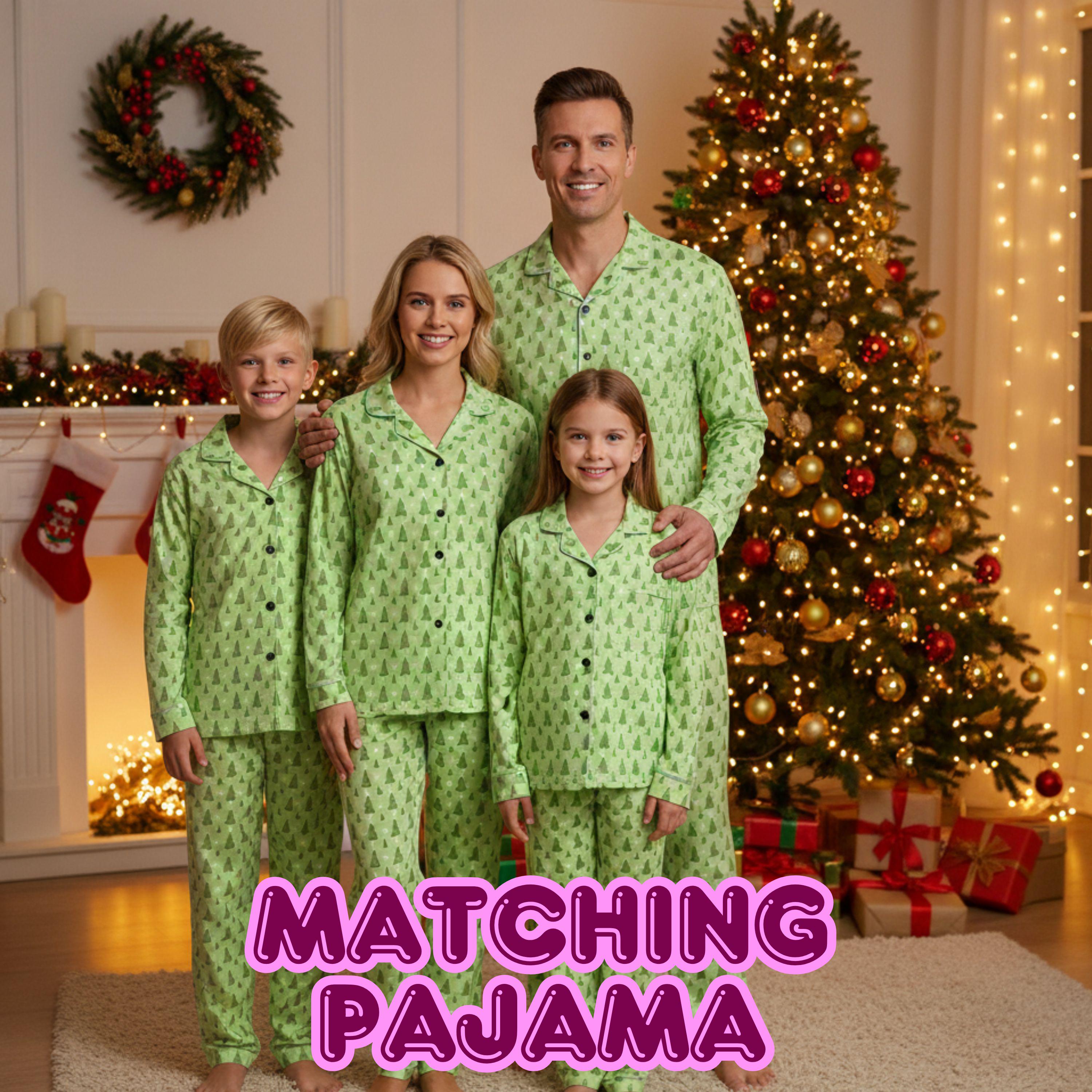クリスマスツリー柄 パジャマセット クリスマスツリー柄ファミリーパジャマセット – グリーン背景の