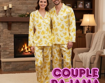 Pigiama coordinato per coppia con banana / Pigiama a maniche lunghe con stampa di frutta gialla per uomo e donna / Pigiama estivo leggero e setoso in regalo