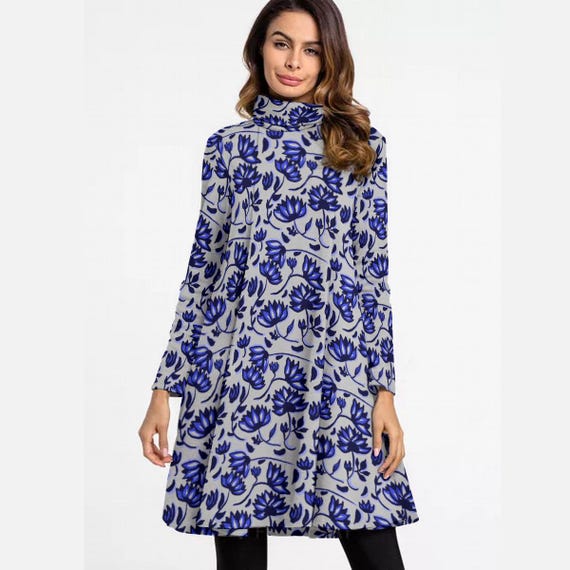 Gray Oriental Floral High Neck Dress | Women's Long Sleeve Autumn Outfit | Blue Flower Print - Etsy Gray Oriental Floral High Neck Dress | Women's Long Sleeve Autumn Outfit | Blue Flower Print - Etsy