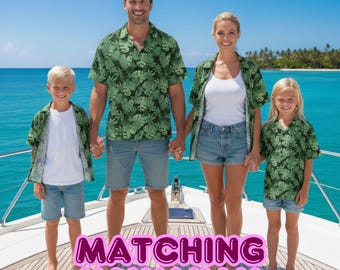 Camicie hawaiane coordinate per tutta la famiglia con motivo a foglie tropicali – Sfondo nero / Abiti da vacanza per papà, mamma e bambini, abbigliamento estivo per coppie in crociera