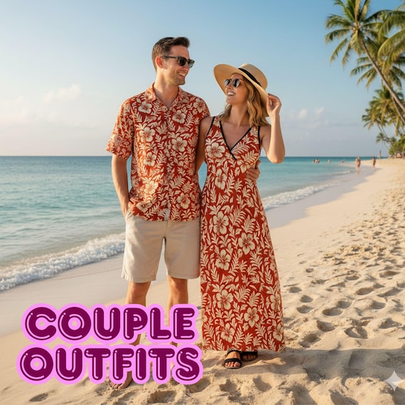 Matching Hibiscus Outfits | Women's Red Maxi Dress & Men's Hawaiian Shirt with Chest Pocket | Tropical Couple Set Matching Hibiscus Outfits | Women's Red Maxi Dress & Men's Hawaiian Shirt with Chest Pocket | Tropical Couple Set
