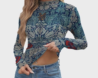 William Morris Tulip and Rose Mesh Top | Sheer Long Sleeve Vintage Floral Shirt | Blue Art Nouveau See Through Blouse for Women