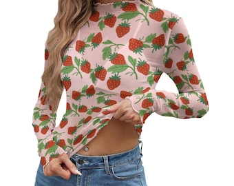 Top de manga larga de malla con estampado de fresas / Camiseta transparente con estampado de frutas para mujer / Camiseta ajustada rosa estilo bohemio / Top transparente