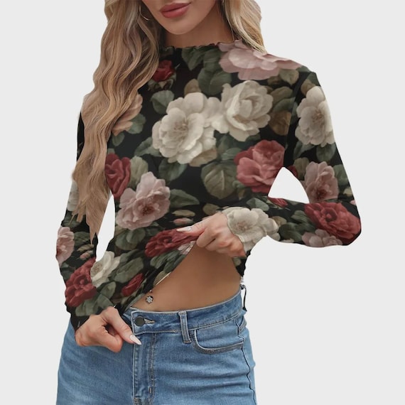 Vintage Rose Botanical Mesh Long Sleeve Top | Women Rose Sleeve Top