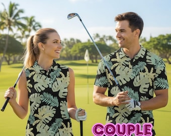 Svart matchande pikétröja för par med tropiska löv | Eleganta golf- och resortkläder