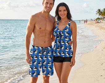 Conjunto de baño para parejas con estampado de frailecillos: bañador a juego para él y para ella / Conjunto playero con estampado de pájaros / Traje de baño familiar a juego (hasta la talla 6XL)