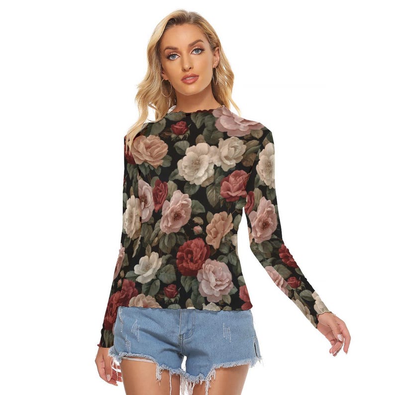 Rose Through Tee Vintage Rose Botanical Mesh Long Sleeve Top | Women’s Sheer Long Sleeve ...