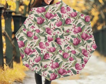 Paraguas con estampado de tulipanes – Paraguas plegable automático compacto / Paraguas de viaje resistente al viento y a la lluvia / Bonita idea de regalo
