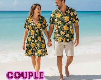 Matchande paroutfit i svart hibiskus – Hawaiiskjorta för män och A-linjeklänning för dam | Plusstorlekar upp till 8XL | Tropiskt semesterset