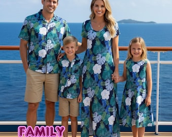 Completo coordinato per tutta la famiglia con motivo ibisco blu navy: abiti e camicie floreali per mamma, papà e bambini / Elegante set per le vacanze estive