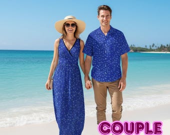 Abiti coordinati floreali blu navy / Abito lungo da donna e camicia hawaiana da uomo / Elegante set da resort per coppie