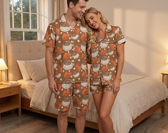 Coffee & Croissant Matching Couple Pajama Set | Silky Summer Loungewear | Short Sleeve Pajamas for Couples