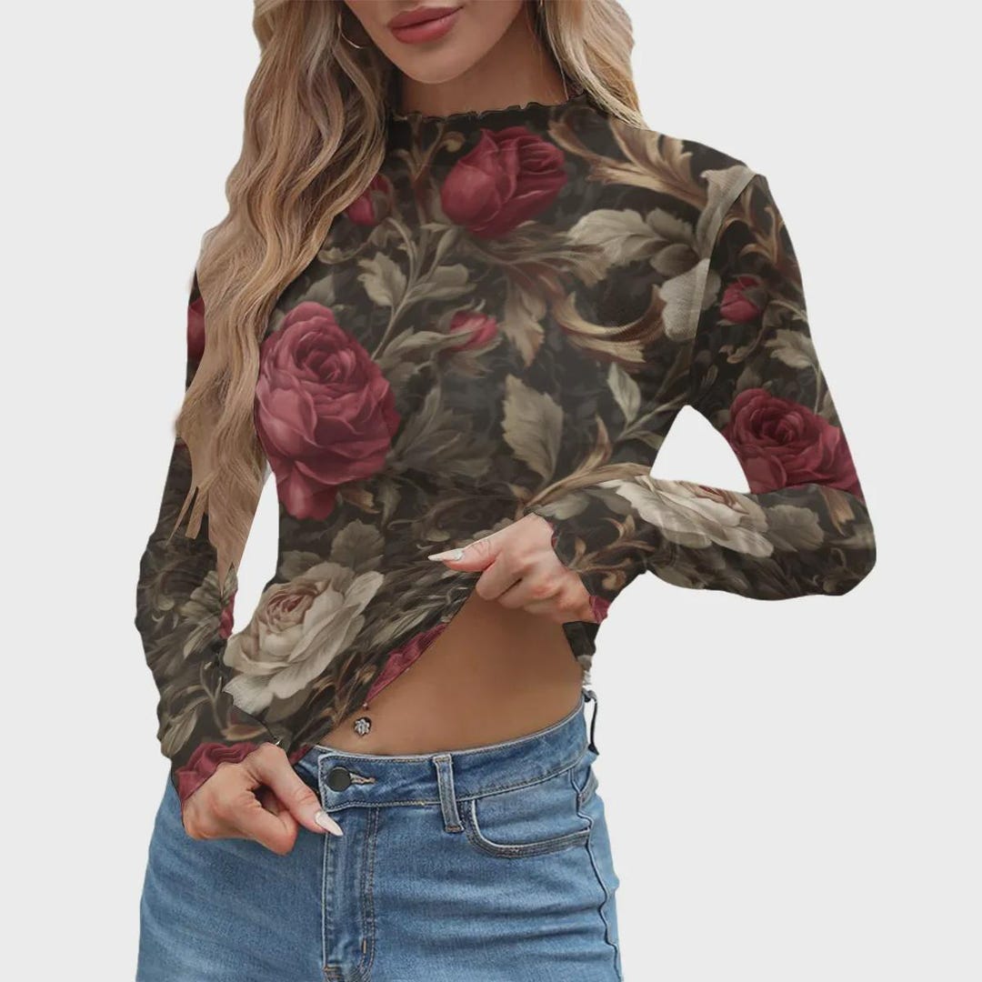 Rose Through Tee Vintage Rose Botanical Mesh Long Sleeve Top | Women’s All-over Print ...