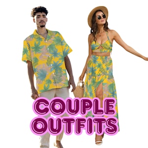 Tropical Leaf Couple Matching Outfit – Yellow Bikini Dress & Hawaiian Shirt Set | Honeymoon Beachwear | Cruise Vacation Outfit
