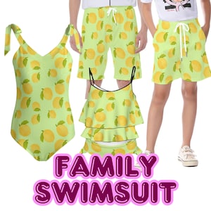Lemon Grove Matching Swimwear Set – Family or Couple Beach Outfits | Citrus Print Swimsuits and Trunks for Summer Vacations