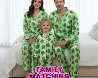 Conjunto de pijama familiar de brócoli verde: pijamas a juego de satén sintético para hombres, mujeres y niños / Ropa de dormir ligera y sedosa / Divertido regalo para dormir en familia