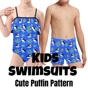 Kinderbadpak met papegaaiduiker | Blauwe achtergrond | Leuk badpak voor meisjes en zwembroek voor jongens | Zomerse strandkleding voor kinderen