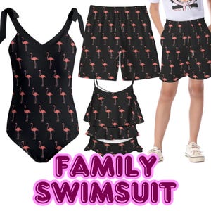 Flamingo Matching Family Swimsuit Set – Mom, Dad, Daughter & Son | Black Swimwear for Summer Vacations and Beach Photos