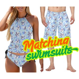 Bijpassende blauwe badpakken voor koppels met bloemen | Set huwelijksreisbikini en herenzwembroek | Vakantie cadeau cruise strandkleding
