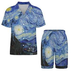May include: A two-piece matching set featuring a short-sleeved button-down shirt and shorts. The set is printed with a swirling blue and yellow night sky design, reminiscent of Van Gogh's "Starry Night" painting.