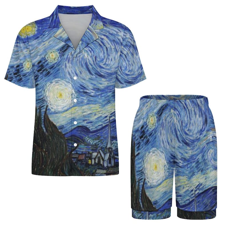 May include: A two-piece matching set featuring a short-sleeved button-down shirt and shorts. The set is printed with a swirling blue and yellow night sky design, reminiscent of Van Gogh's "Starry Night" painting.