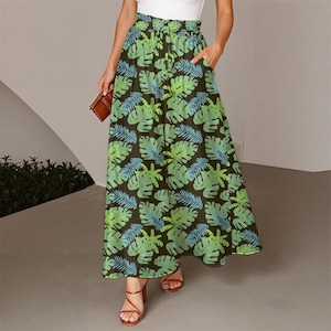 Women&#39;s Tropical Leaf Print Wide-Leg Big Size Pants – Flowy Black Lounge Pants with Drawstring Waist (S-5XL)