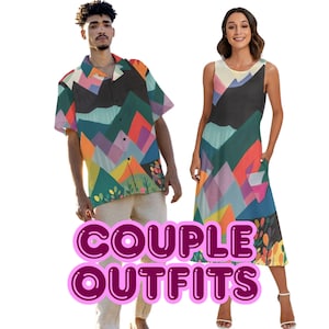 Colorful Mountain Matching Couple Outfit – Women’s Maxi Dress (Up to 4XL) & Men’s Hawaiian Shirt (Up to 8XL) for Summer, Beach and Vacation