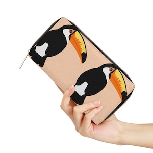 Carteira Tucano – Bolsa de Couro PU Laranja Tropical com Zíper | Estampa Dupla Face de Pássaro | Presente Lindo para Amantes de Pássaros
