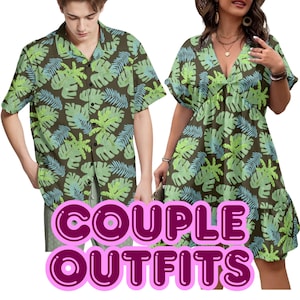 Tropical Leaf Matching Couple Outfit – Black Hawaiian Shirt & A-Line Floral Dress Set | Plus Size Up to 8XL | Summer Vacation Look