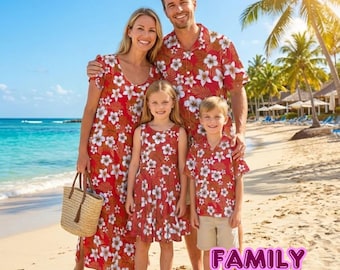 May include: A family of four on a beach, all wearing matching red floral print outfits. The outfits include a long dress, a button-down shirt, and a dress. The text "FAMILY MATCHING" is at the bottom of the image.