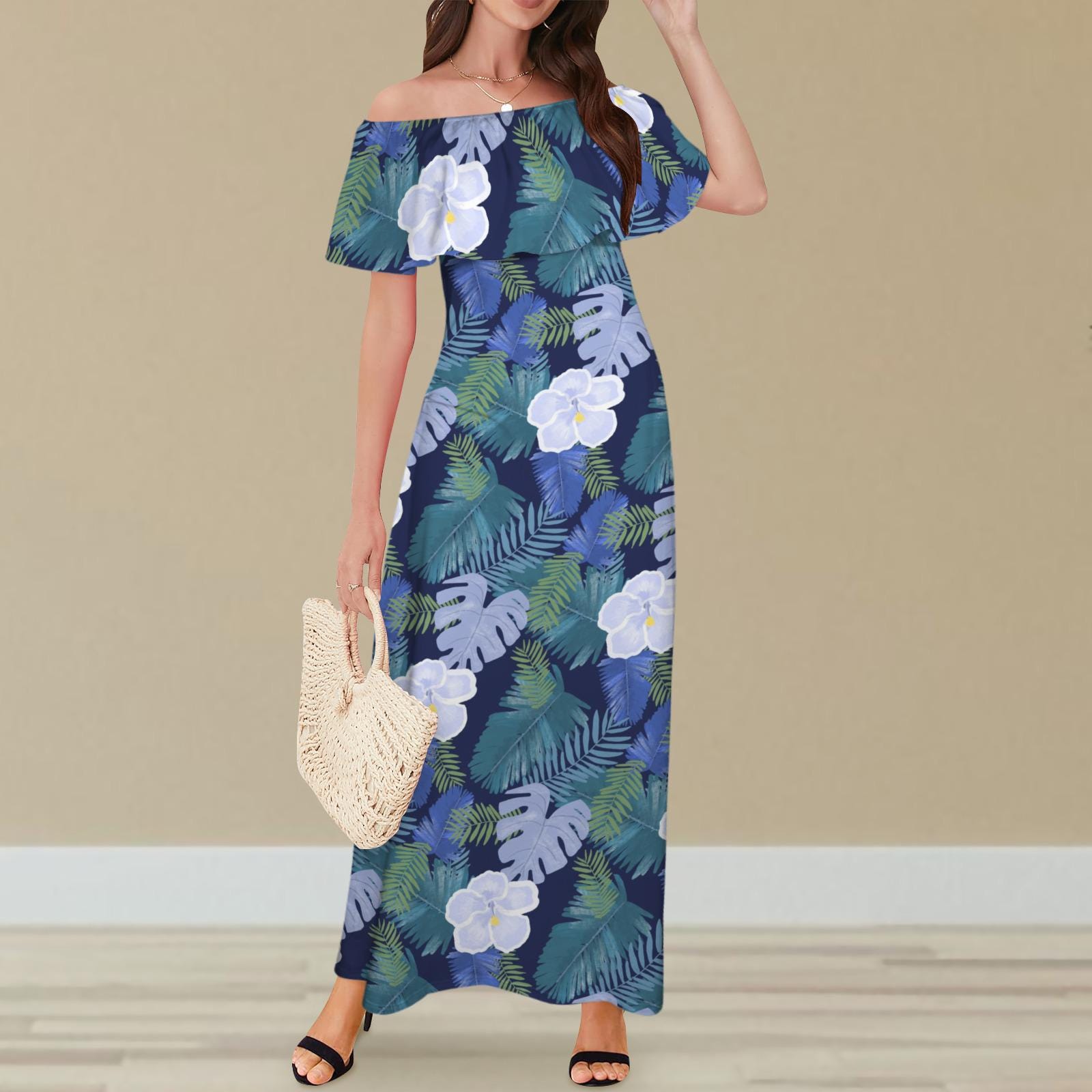 Navy Tropical Leaf Couple Outfit  Matching Off-shoulder Maxi Dress ...