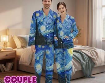 Pijama de noche estrellada a juego para pareja, con estampado de remolinos azules, manga larga, para hombre y mujer, ligero y sedoso, ideal como regalo de verano.