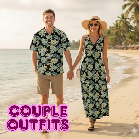 matching dress and mens shirt Yuyamidu His Hers Outfits Women's Summer Hawaiian Shirts Button Up Casual Loose Split Long Maxi Dress with Pockets Matching Tropical Outfits for Couples Woman M sun dress Tropical Dark Leaf Matching Outfits
