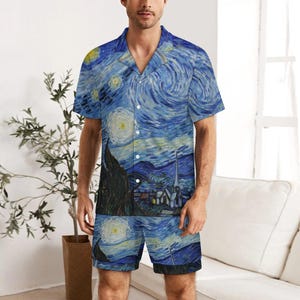 Starry Night Couple Pajama Set – Ice Silk Summer Loungewear | Lightweight Matching Sleepwear for Him & Her image 2