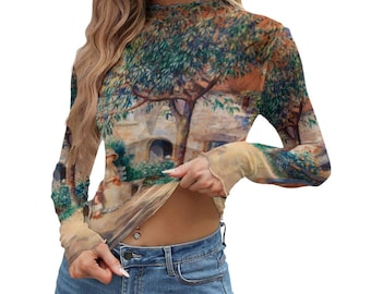 Haut à manches longues en résille à imprimé jardin Renoir | Chemise peinture impressionniste artistique pour femme | Chemisier léger et transparent