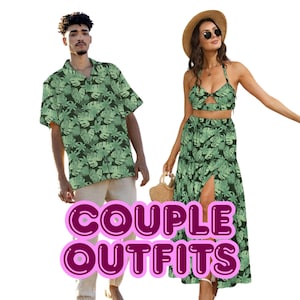 Tropical Leaf Couple Matching Outfit – Green Leaf Bikini Dress & Hawaiian Shirt Set | Honeymoon Beachwear | Cruise Vacation Outfit