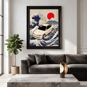 Lámina Ukiyo-e de un coupé JDM blanco / Arte mural de un coche deportivo japonés de los 90 (Descarga digital)