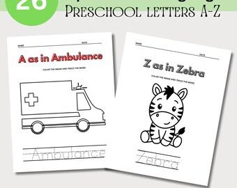 Páginas para colorear del alfabeto para niños, letras para trazar con animales, lecciones preescolares, descarga digital,