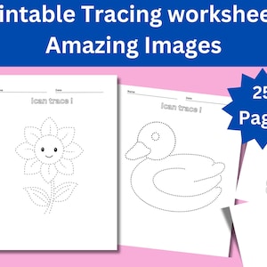 May include: A set of 25 printable tracing worksheets featuring simple images such as a flower, a duck, a stocking, and grapes. Each worksheet has dotted lines for children to trace over, helping them develop fine motor skills.