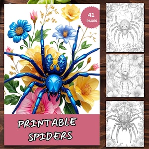 41 Printable Spiders Coloring Pages For Adults, Grayscale Coloring Book, Coloring Sheets, Spiders with Flowers, Instant Download PDF