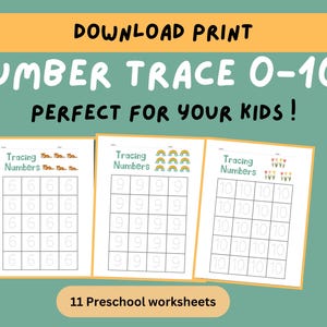 Preschool Numbers Tracing Worksheet 0-10 Printable Number Tracing, Handwriting Practice, Early Math Skills and Learning, Instant Download